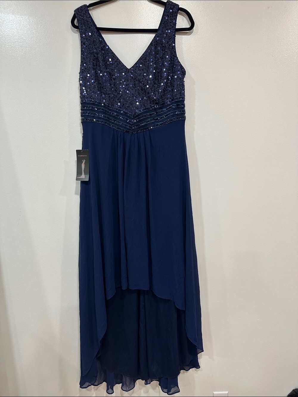 Navy Sequin V-Neck High-Low Evening Dress